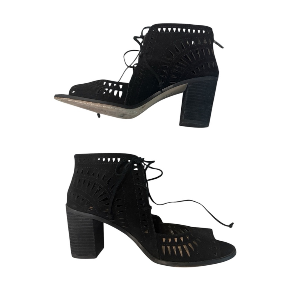 Vince Camuto Black Tarita Laser Cut Peep Toe Suede Sandals